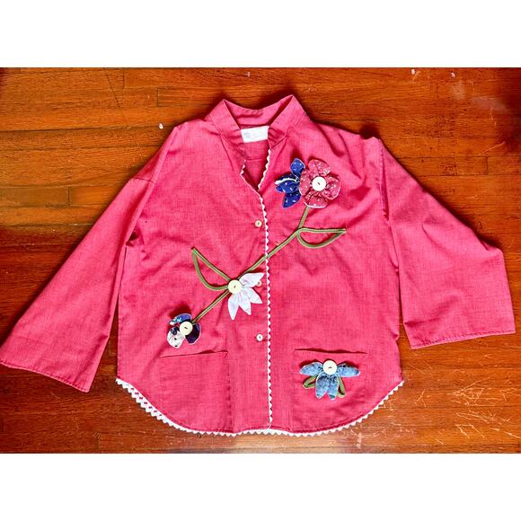 Vintage 70’s Little House Creation Red White Appliqué Whimsy Blouse Large Hippie - Picture 1 of 6